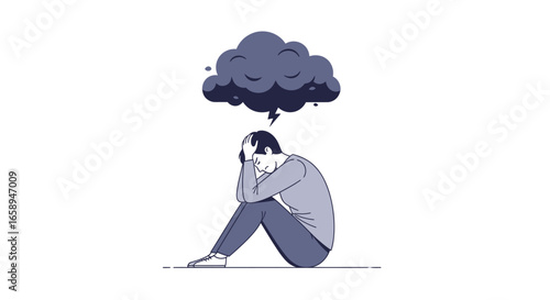 Illustrative Depiction of a Person Overwhelmed by Anxiety with a Dark Cloud Above Their Head