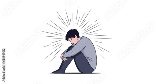 Isolated man experiencing emotional distress in minimalist style illustration portraying mental health struggles and personal anguish captured in