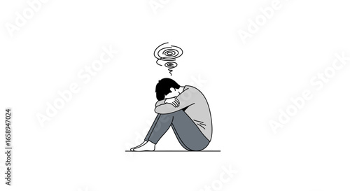Illustration of a person with feelings of emotional distress symbolized by swirling lines above their head, showcasing inner turmoil and vulnerability
