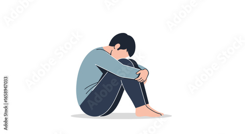 Illustration depicting a person in fetal position expressing despair and vulnerability showcasing mental health concept in a minimalistic style