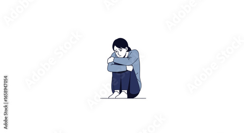 Illustration depicting a woman expressing solitude and quiet sorrow as she sits on the floor in contemplation and wraps her arms around her legs