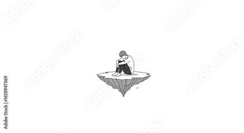 Solitude and Isolation: A Figure Contemplating on a Floating Islet of Mental State, Minimalist Monochrome Representation