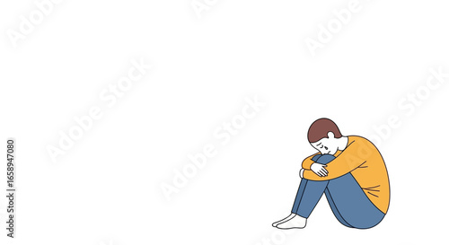 Illustration of a Depressed Man Sitting Alone Hugging Knees on a White Background