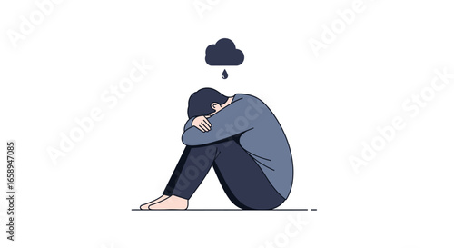 Conceptual art depicting a person with emotional distress and mental anguish, represented by a rain cloud hovering overhead, symbolizing sadness and