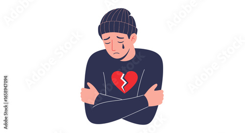 Illustration of a young person with visible sadness and pain holding himself and feeling alone portraying unrequited love and heartache and wearing