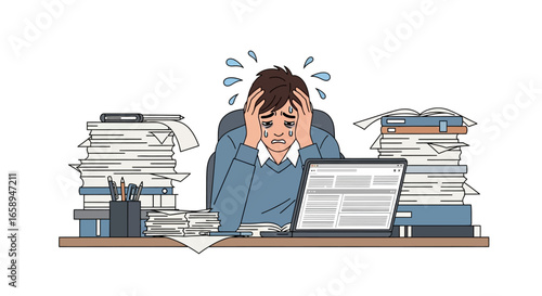 Overwhelmed office worker with excessive workload, feeling stressed due to high pressure at work and piles of paperwork and documents causing