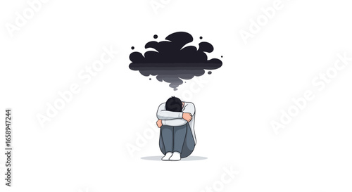 Illustration depicting a person experiencing depression with a symbolic dark cloud hovering overhead to represent negative thoughts and emotions