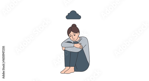 Conceptual depiction of somber emotions: A cartoon rendition portraying a woman overwhelmed by solitude and emotional burden under a symbolic dark