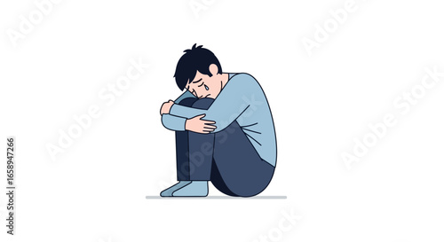 Expressive depiction of sorrow, with a lone figure engulfed in emotional pain and shedding tears, evoking feelings of empathy and understanding for