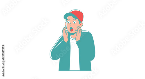 A surprised young man in casual wear reacts with astonishment against a plain backdrop showing a mix of shock and amazement in a minimalist design