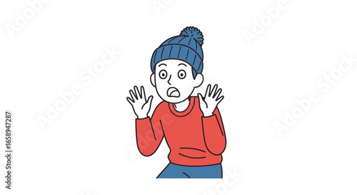 Startled young man illustration with wide eyes raising his hands in a gesture of surprise or fear reaction vector drawing of unexpected event