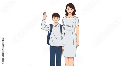 Illustration of student waving goodbye with mother on white background