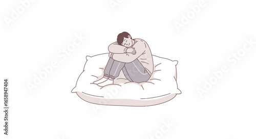 Sketch depicting a serene man embracing comfort on a plush pillow for quiet repose, conveying peace