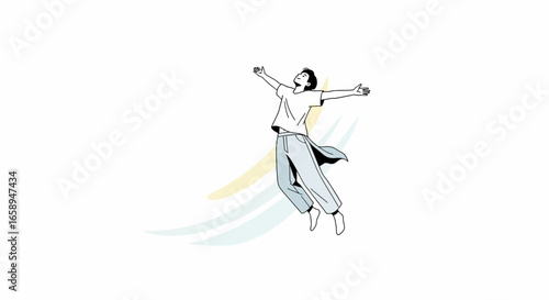 Aesthetic illustration of a carefree individual leaping with outstretched arms, symbolizing liberation and joy, set against an ethereal backdrop of