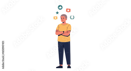 Man standing with folded arms surrounded by symbols of success and social media, illustrating a digital influence concept