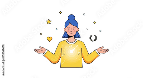 Empowered Woman Surrounded by Symbols of Positivity and Achievement in a Clean, Modern Design