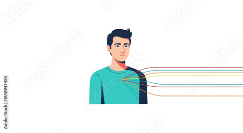 Isolated man portrait in light blue t-shirt and multicolored lines coming out of the chest that symbolize feelings or emotions in abstract way