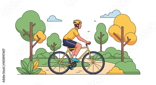 A Cyclist riding bicycle in a colorful park with trees enjoying an outdoor exercise on a sunny day, depicting a healthy and active lifestyle