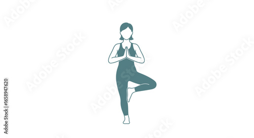 Serene balance silhouette: A woman gracefully embodies the tree pose in minimalistic illustration conveying wellness and inner harmony in simple lines