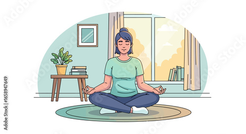 Serene woman practicing mindfulness yoga at home to maintain her healthy lifestyle through meditation session for inner peace and spiritual well-being