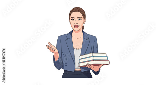 Professional cartoon woman with books in her hand explaining something