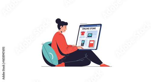Comfortable online shopping experience featuring a woman browsing an online store on her laptop from a beanbag chair