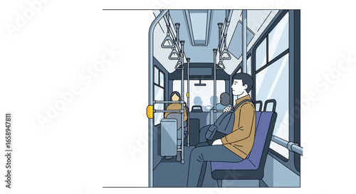 Illustration depicting a man seated on a bus amidst other passengers, showcasing public transport interior design and stylized character illustration