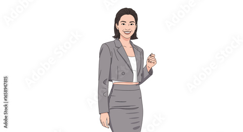 Smiling Asian woman in a sleek gray suit, portraying a professional appearance