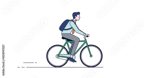 Vector illustration depicting a professional commuter on a bicycle, promoting sustainable and eco-friendly transportation to work, emphasizing a