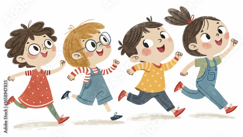 Illustration of four happy children running together with smiles on their faces in a playful manner