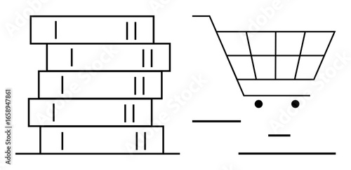Stack of books beside a shopping cart emphasizing e-commerce in education, online bookstores, or learning materials. Ideal for e-learning, knowledge sharing, digital library, education platform