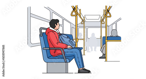 Illustration depicting a passenger with backpack in urban transit bus during daily routine commute to destination with other passengers