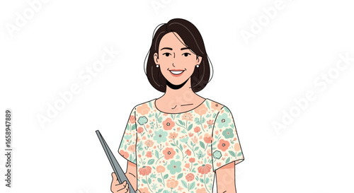 Smiling teacher illustration wearing floral blouse holding pointer stick