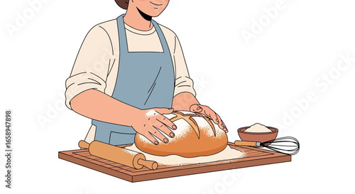 Charming depiction of a baker delicately preparing a loaf of sourdough, a symbol of culinary passion and domestic artistry in illustration style