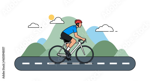 A Cyclist's Journey: Cartoon Illustration of Outdoor Adventure on Scenic Road with Mountain Backdrop