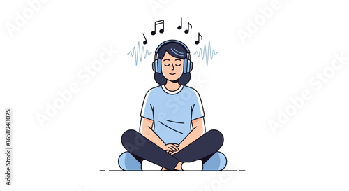 Person meditating while listening to music with headphones, finding inner peace and harmony in a serene and peaceful atmosphere