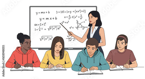 Teacher explaining complex equations to diverse students in a classroom setting