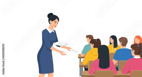 Teacher distributes assignments to students in classroom setting illustration