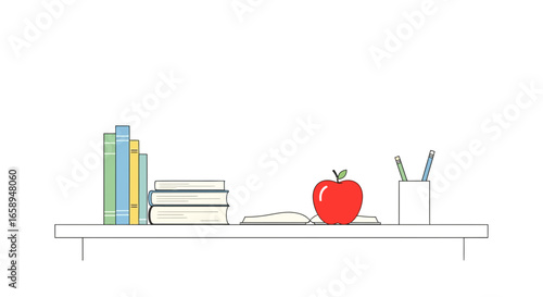 Stylized study scene with books, apple, and pencils arranged on a shelf
