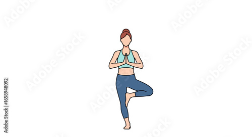 Digital illustration of a woman in tree pose demonstrating mindfulness and balance for health and wellness promoting peaceful yoga practice