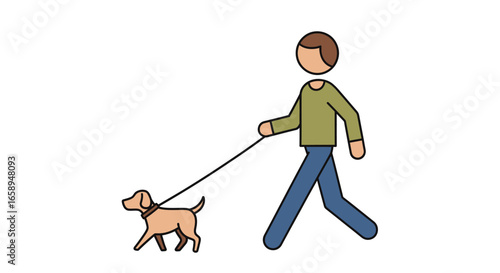 Stylized graphic depiction showcasing a person in motion walking a dog on a leash against a stark white backdrop, presenting a harmonious blend of