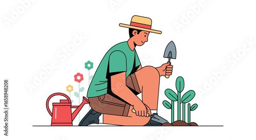 Gardener cultivating plants, man with shovel kneeling near sprouts, summer garden works with watering can and blooming flowers, illustration style