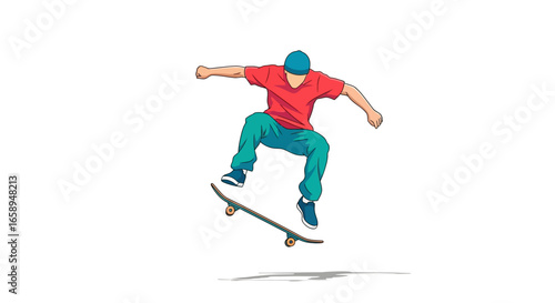 Dynamic illustration showcasing a skateboarder performing a daring mid-air trick with agility and flair on a crisp white backdrop perfect for action