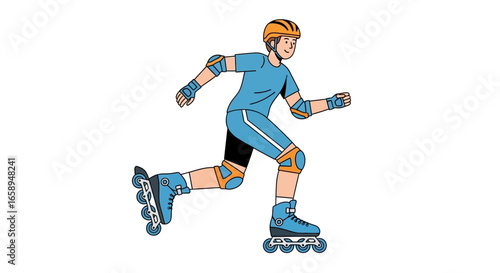 Active Rollerblading Enthusiast Showcasing Protective Gear and Dynamic Motion on White Backdrop, a Vibrant and Energetic Portrayal of Recreational