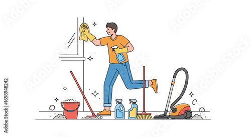 Energetic man cleaning with tools, cartoon style illustration with cleaning tools and accessories for hygiene with vibrant colors in a home setting