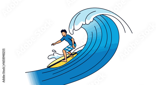 Illustration showcasing the exhilaration of surfing, capturing the spirit of summer adventure and the dynamism of riding a wave under a blue sky