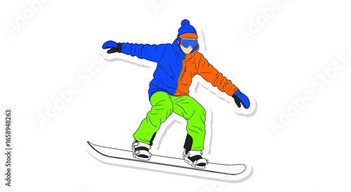 Dynamic snowboarder illustration with bold colors and a sticker effect, embodying winter sports and action, ideal for graphic design projects