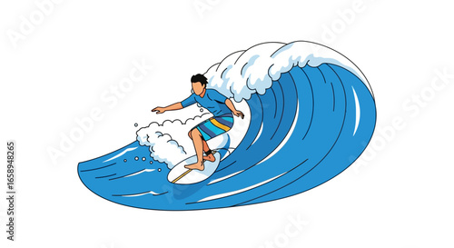 Stylized depiction of a surfer riding a vibrant blue wave with white foam crests, set against a clean white backdrop emphasizing the motion and