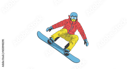 Dynamic snowboarder in action vector illustration against a clear background, showcasing winter sports and athletic prowess with a minimalist