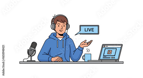 Enthusiastic streamer broadcasting live engaging audience with modern technology and fresh content while connecting to his viewers